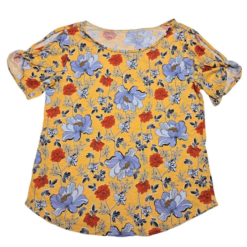 Loft Top Womens Medium Yellow Floral‎ Cold Shoulder Short Sleeve 36 in Chest